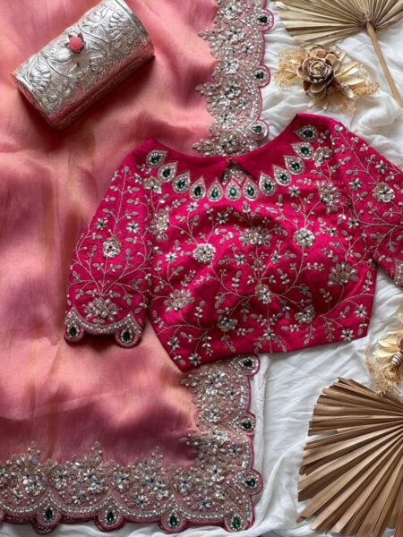 Salmon pink saree with hand work