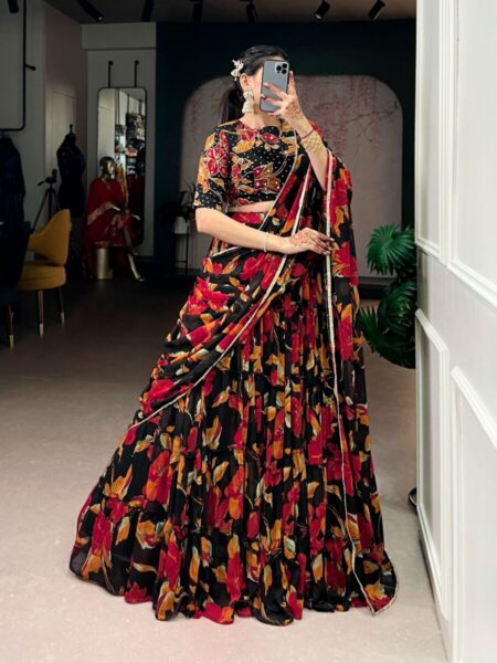 Floral printed lehanga with work
