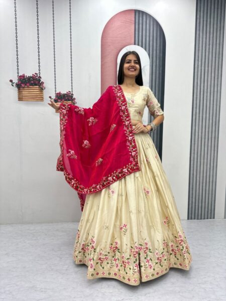 Thread embroidery work lehanga